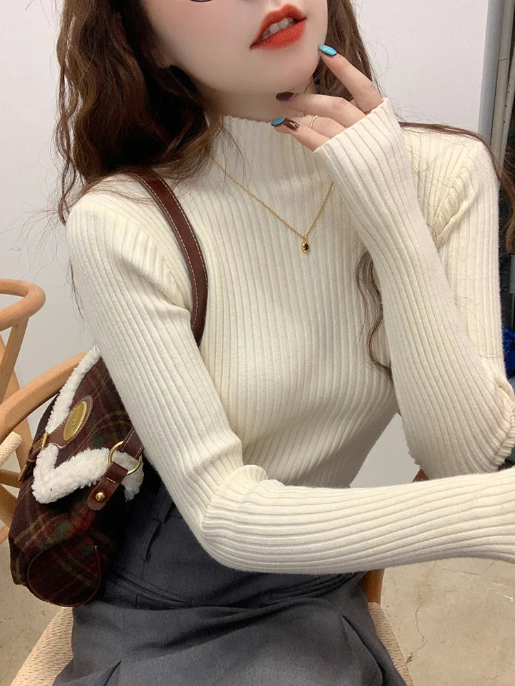 Women’s Korean Slim Turtleneck Sweater – Long Sleeve Casual Thick Knitted Pullover, Autumn/Winter Basic Top