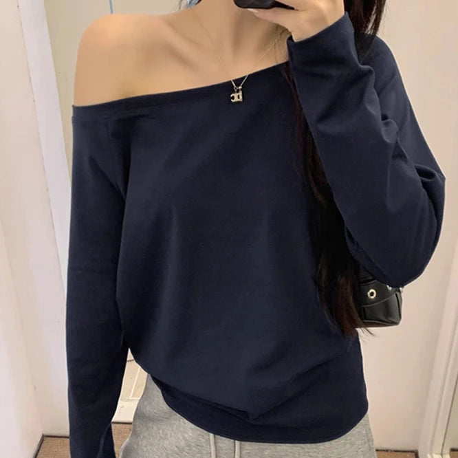 Korean Style Off-Shoulder Hoodie – Women’s Autumn Baggy Streetwear, Solid Cozy Sexy Top