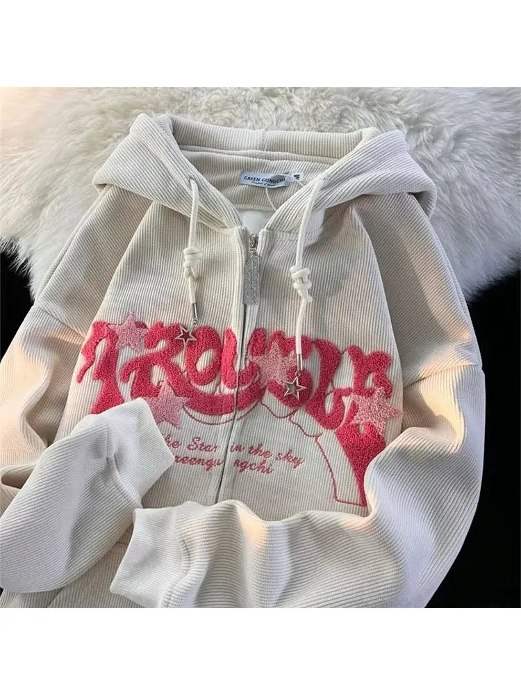 Fashion Embroidery Zip Up Hoodies Women Autumn Long Sleeve Tops Loose Hood Shirt Harajuku Y2K Clothes Female Sweatshirt Jacket