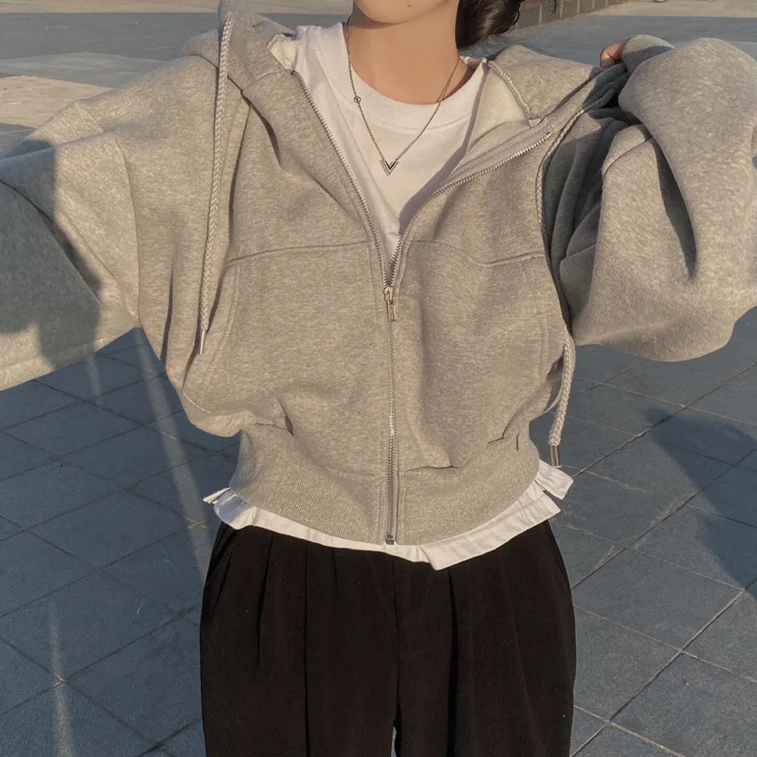 Y2K Casual Zip-Up Hoodie for Women – Oversized Crop Top, Solid Harajuku Long Sleeve Jacket