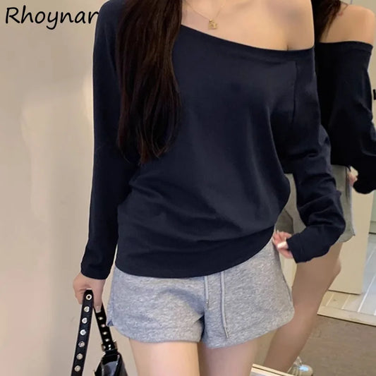 Korean Style Off-Shoulder Hoodie – Women’s Autumn Baggy Streetwear, Solid Cozy Sexy Top
