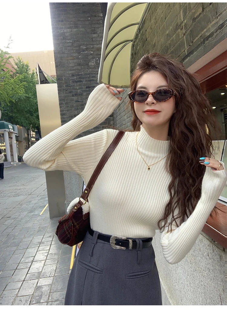 Women’s Korean Slim Turtleneck Sweater – Long Sleeve Casual Thick Knitted Pullover, Autumn/Winter Basic Top