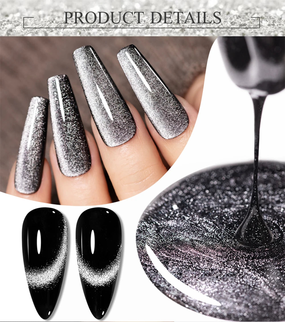 7.5ML Black Cat Eye Magnetic Glitter Gel Nail Polish Ultra-Bright Black Shine Long-Lasting Soak Off UV Nail Art Varnish Manicure