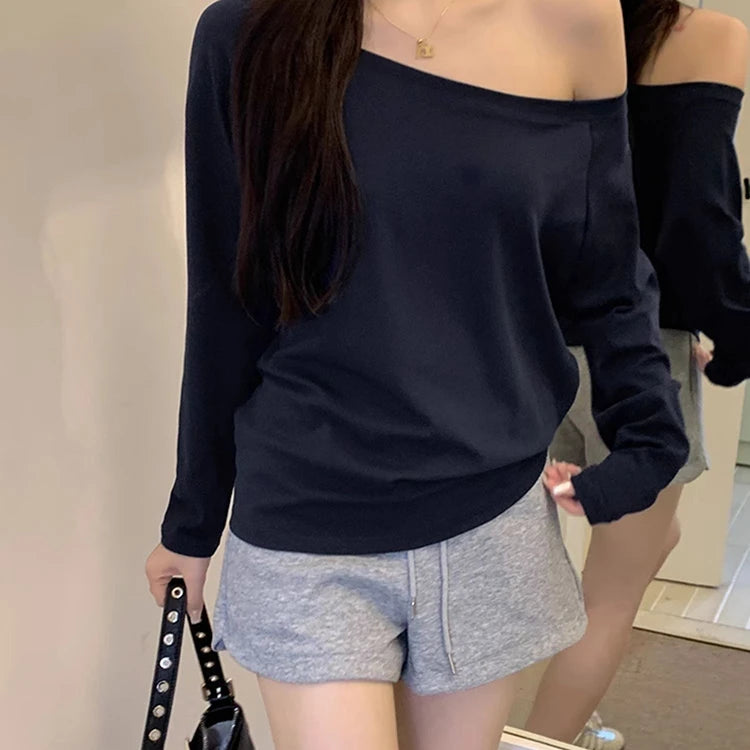 Korean Style Off-Shoulder Hoodie – Women’s Autumn Baggy Streetwear, Solid Cozy Sexy Top