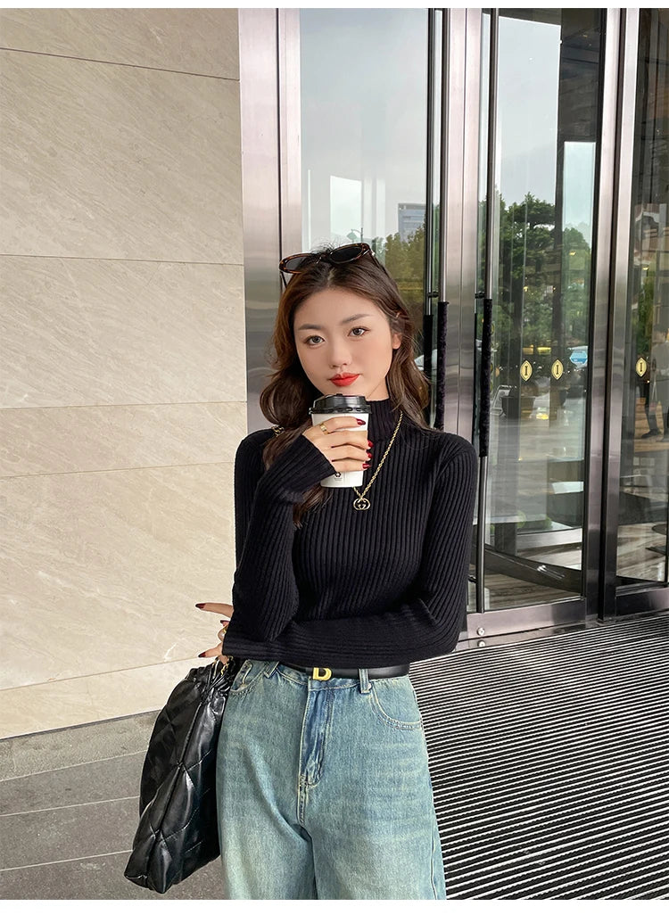 Women’s Korean Slim Turtleneck Sweater – Long Sleeve Casual Thick Knitted Pullover, Autumn/Winter Basic Top