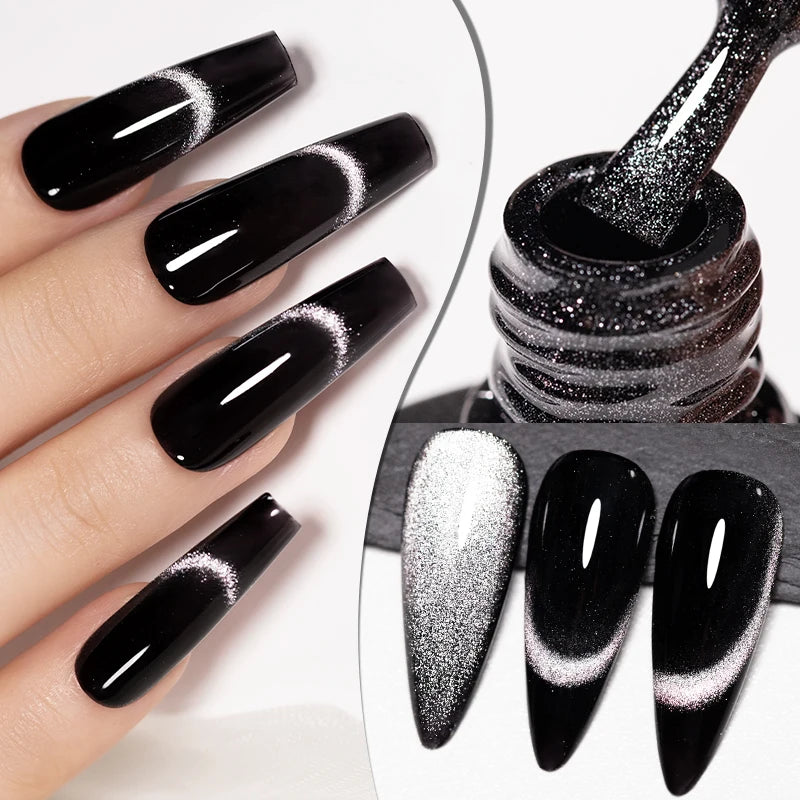 7.5ML Black Cat Eye Magnetic Glitter Gel Nail Polish Ultra-Bright Black Shine Long-Lasting Soak Off UV Nail Art Varnish Manicure