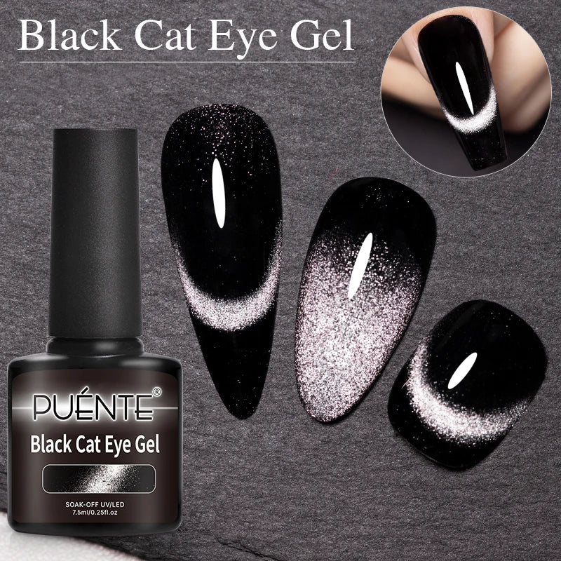 7.5ML Black Cat Eye Magnetic Glitter Gel Nail Polish Ultra-Bright Black Shine Long-Lasting Soak Off UV Nail Art Varnish Manicure
