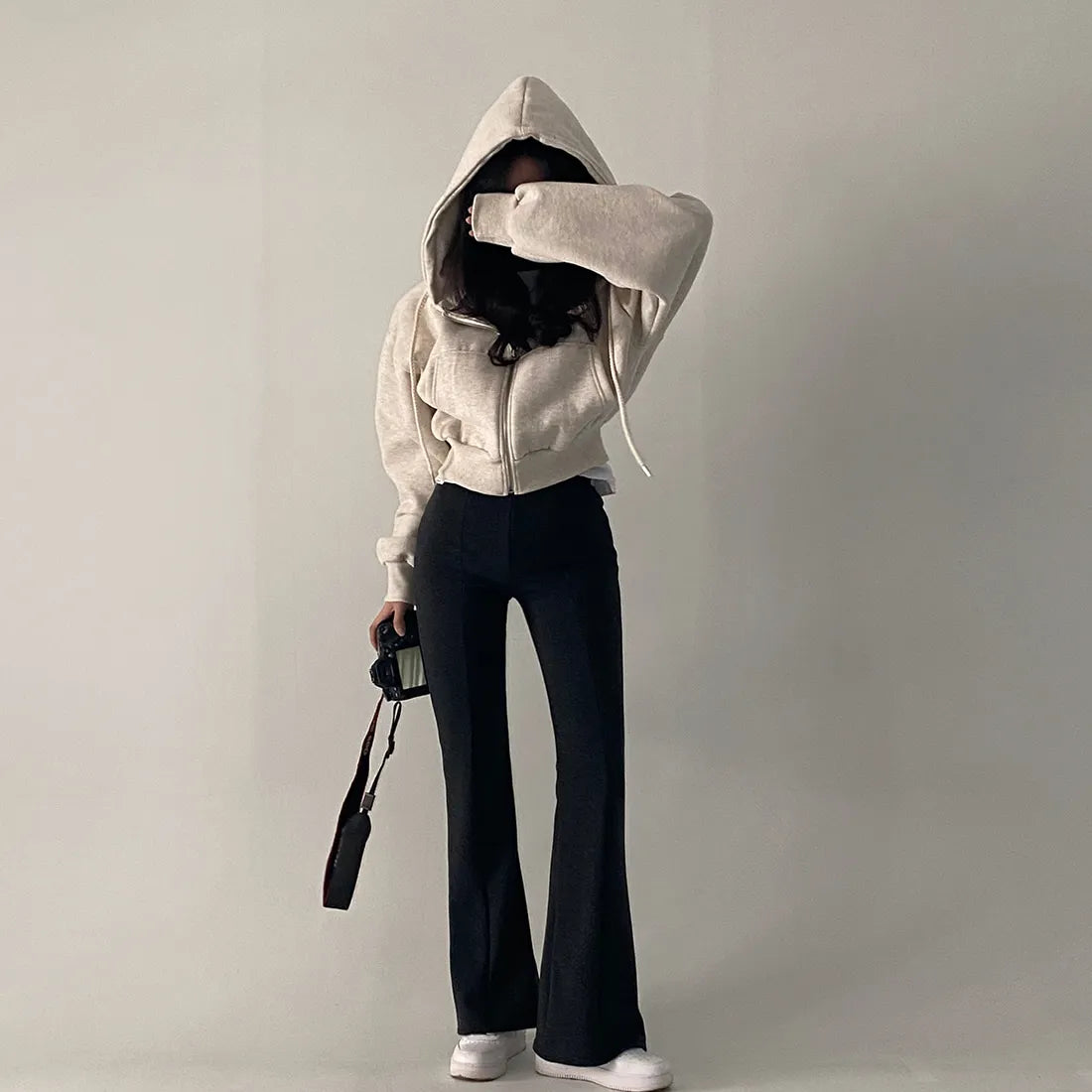 Y2K Casual Zip-Up Hoodie for Women – Oversized Crop Top, Solid Harajuku Long Sleeve Jacket