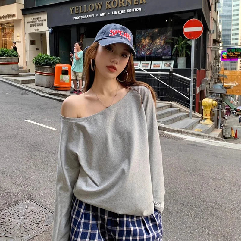 Korean Style Off-Shoulder Hoodie – Women’s Autumn Baggy Streetwear, Solid Cozy Sexy Top