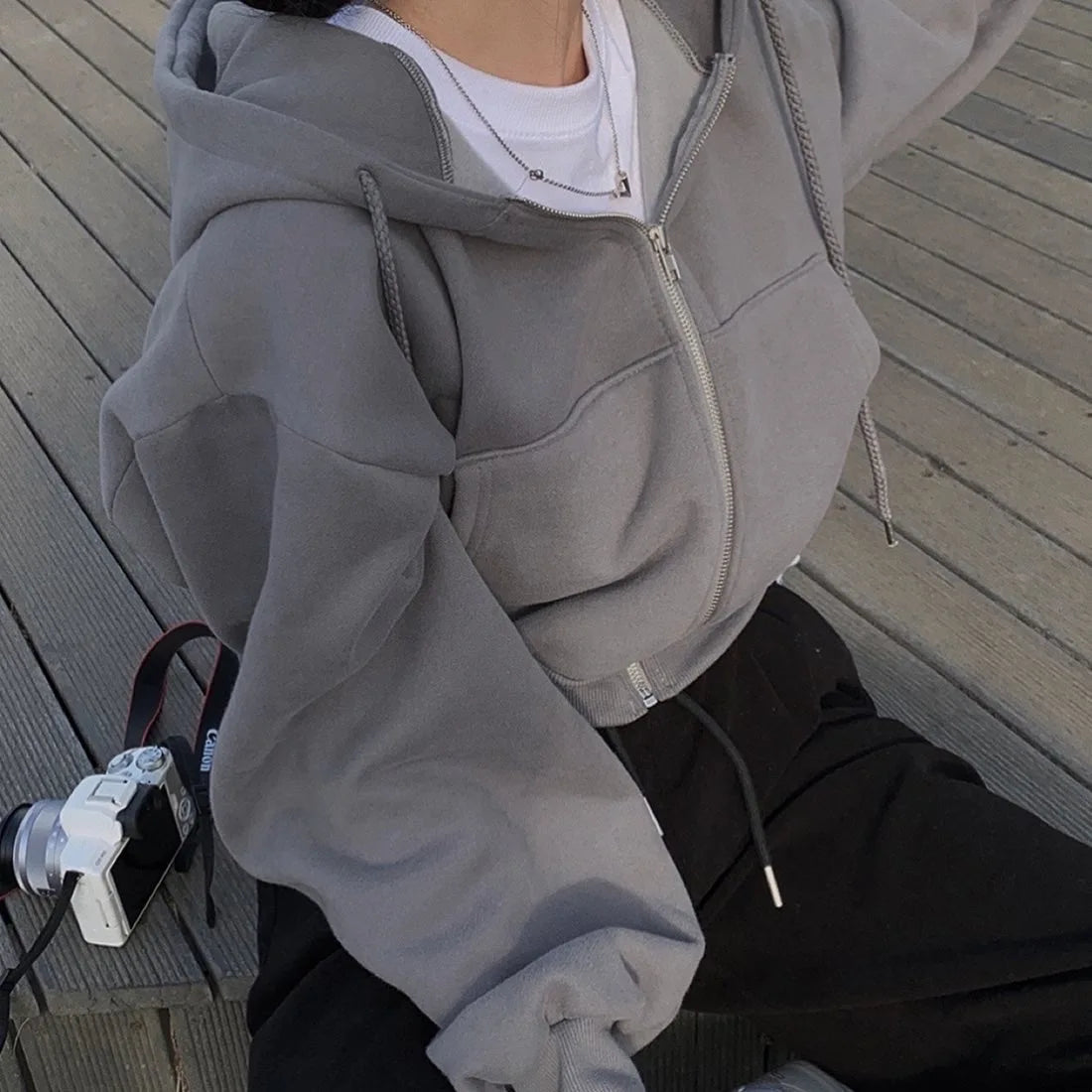 Y2K Casual Zip-Up Hoodie for Women – Oversized Crop Top, Solid Harajuku Long Sleeve Jacket