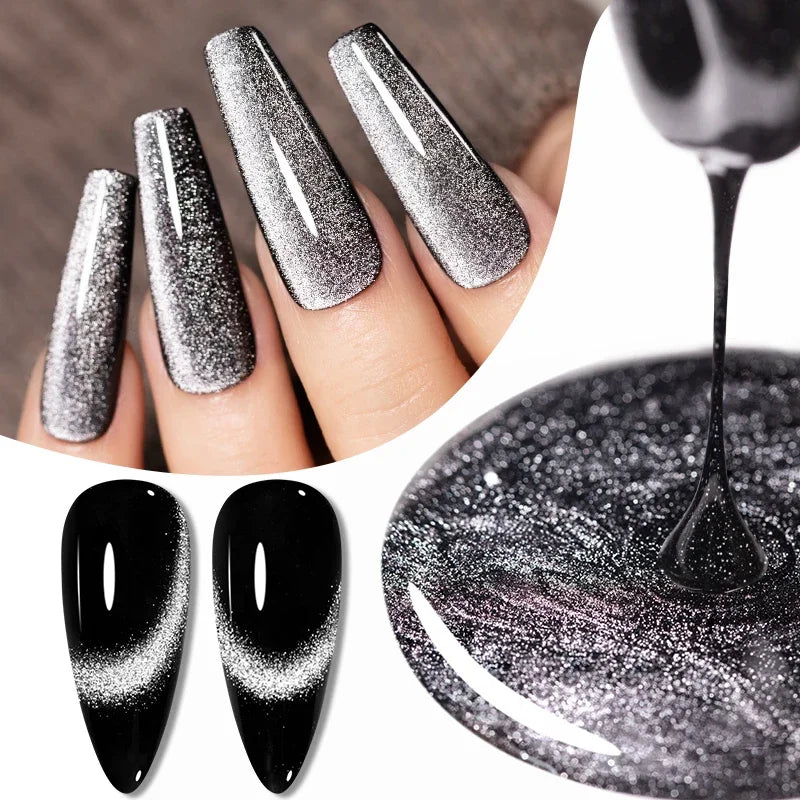 7.5ML Black Cat Eye Magnetic Glitter Gel Nail Polish Ultra-Bright Black Shine Long-Lasting Soak Off UV Nail Art Varnish Manicure