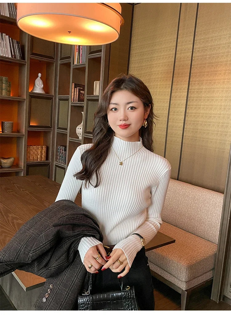 Women’s Korean Slim Turtleneck Sweater – Long Sleeve Casual Thick Knitted Pullover, Autumn/Winter Basic Top