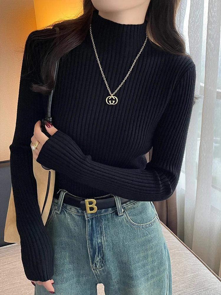 Women’s Korean Slim Turtleneck Sweater – Long Sleeve Casual Thick Knitted Pullover, Autumn/Winter Basic Top