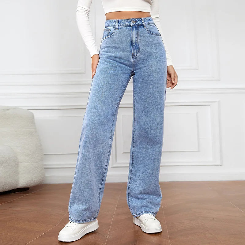 Y2K Retro High-Waisted Blue Jeans – Women’s Baggy Straight Slim Pants, High Street Fashion