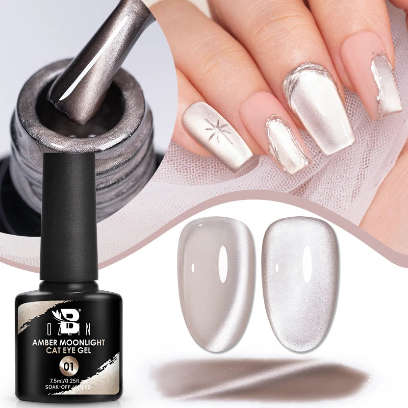BOZLIN 7.5ML Amber Moonlight Cat Magnetic Gel Nail Polish White Light Magnetic Nail Sparkling Glitter Semi Permanent Varnish