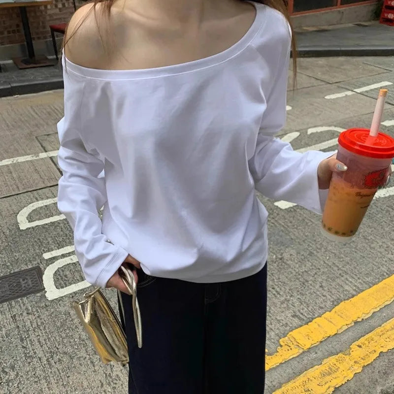 Korean Style Off-Shoulder Hoodie – Women’s Autumn Baggy Streetwear, Solid Cozy Sexy Top