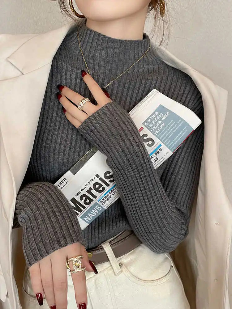 Women’s Korean Slim Turtleneck Sweater – Long Sleeve Casual Thick Knitted Pullover, Autumn/Winter Basic Top