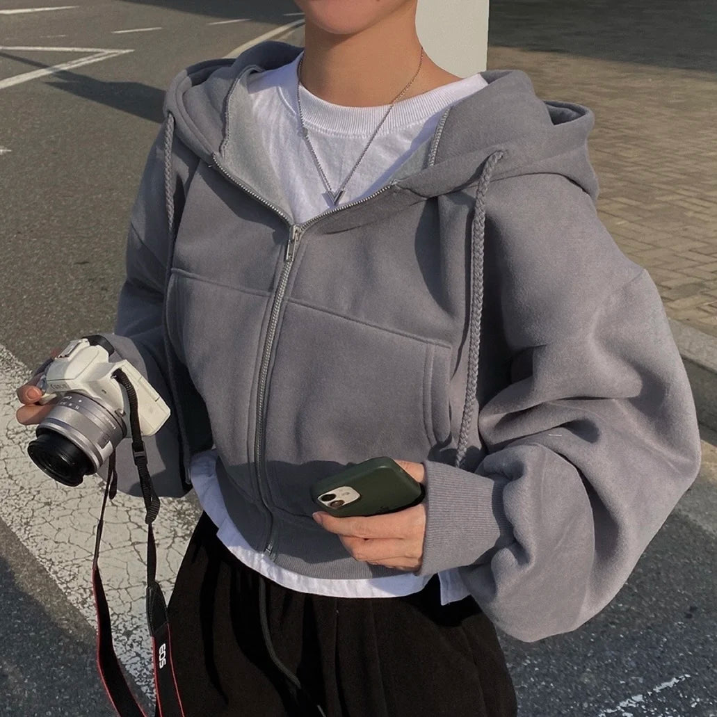 Y2K Casual Zip-Up Hoodie for Women – Oversized Crop Top, Solid Harajuku Long Sleeve Jacket