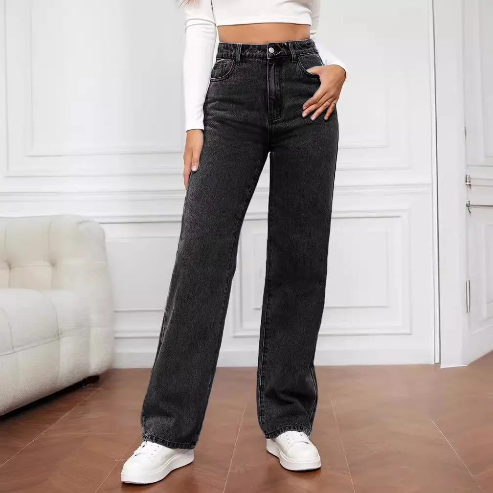 Y2K Retro High-Waisted Blue Jeans – Women’s Baggy Straight Slim Pants, High Street Fashion