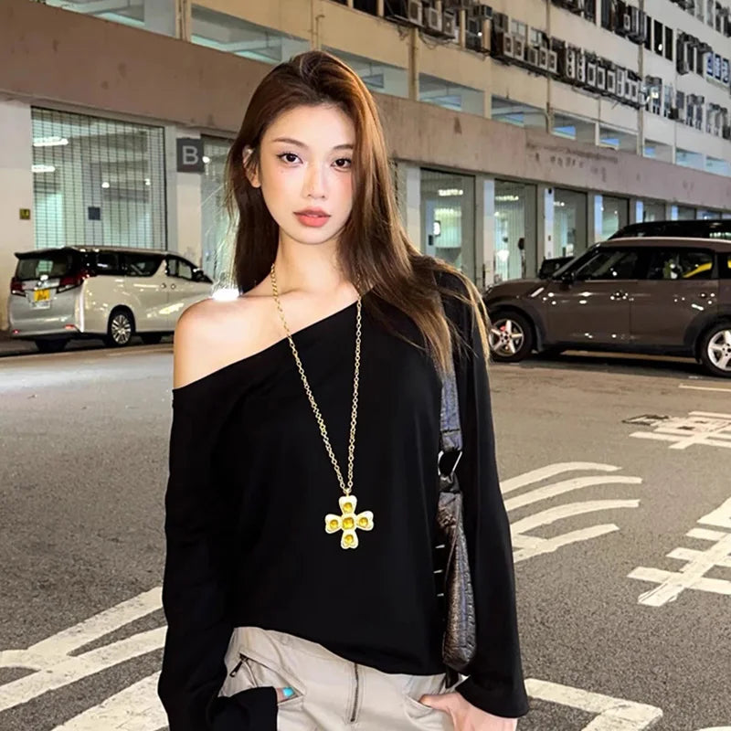 Korean Style Off-Shoulder Hoodie – Women’s Autumn Baggy Streetwear, Solid Cozy Sexy Top