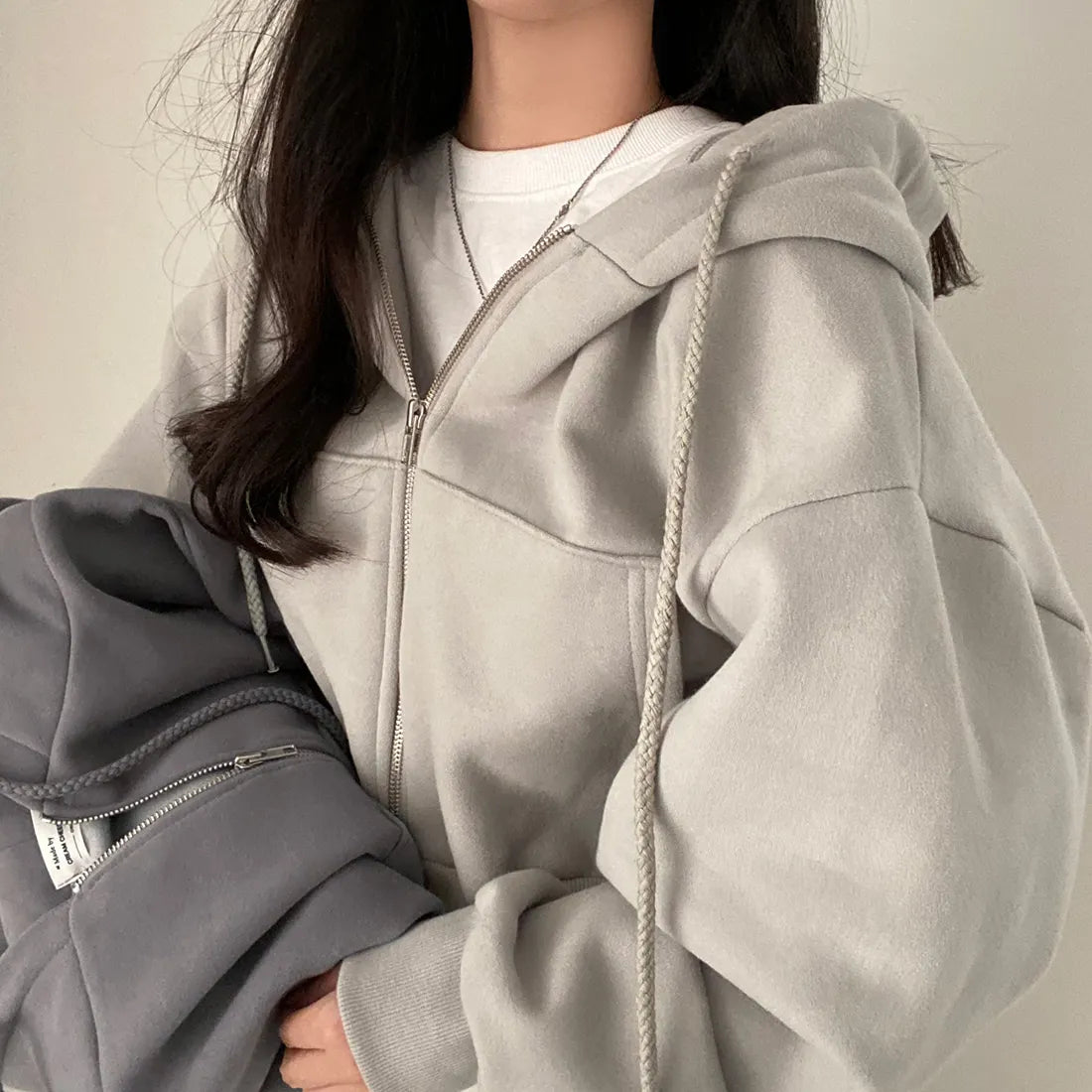 Y2K Casual Zip-Up Hoodie for Women – Oversized Crop Top, Solid Harajuku Long Sleeve Jacket