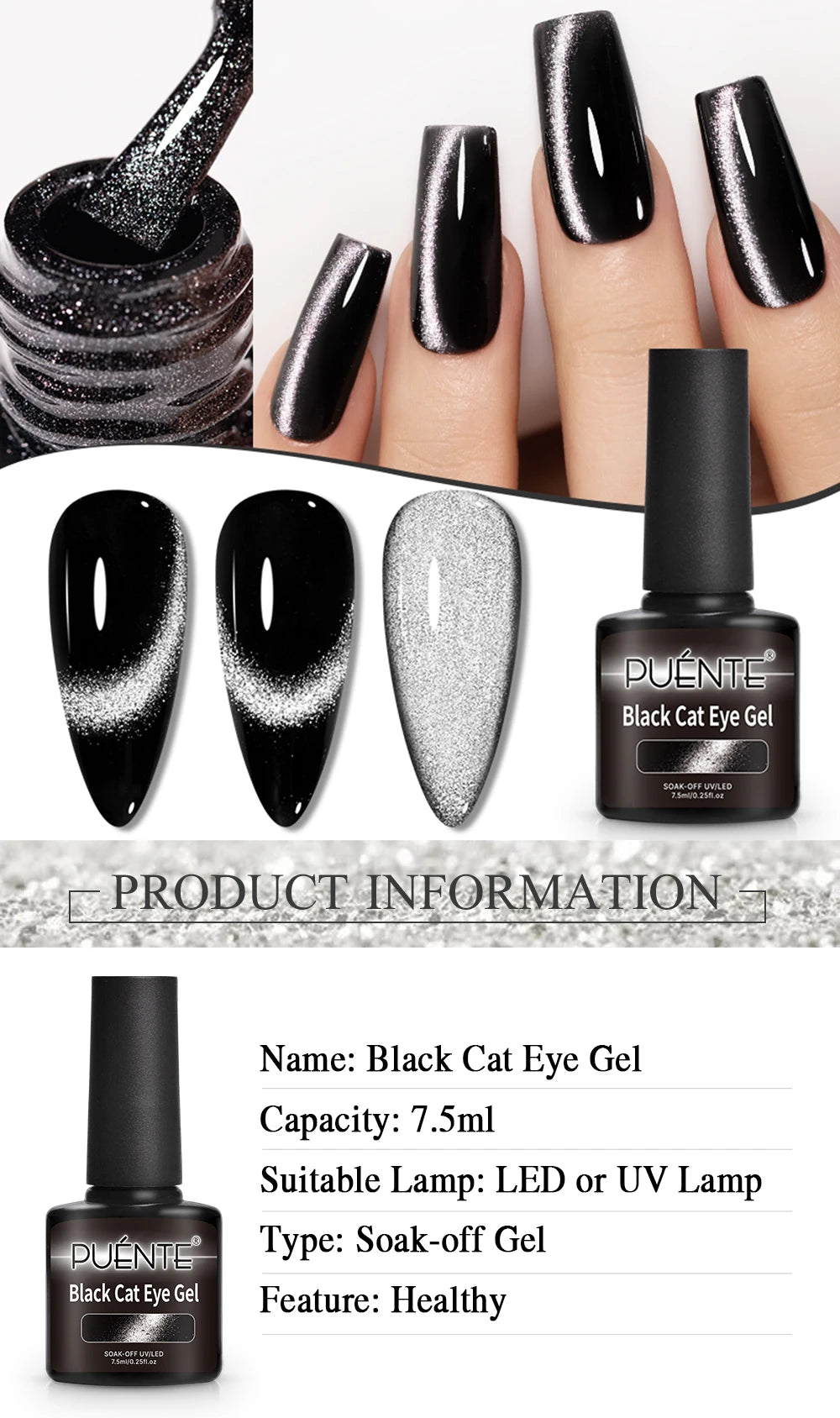 7.5ML Black Cat Eye Magnetic Glitter Gel Nail Polish Ultra-Bright Black Shine Long-Lasting Soak Off UV Nail Art Varnish Manicure