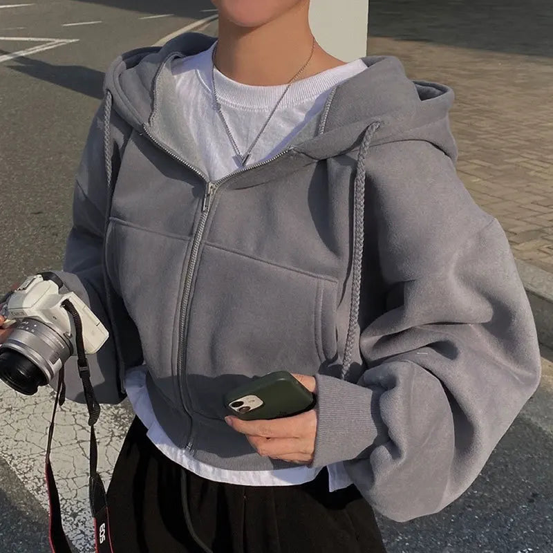 Y2K Casual Zip-Up Hoodie for Women – Oversized Crop Top, Solid Harajuku Long Sleeve Jacket