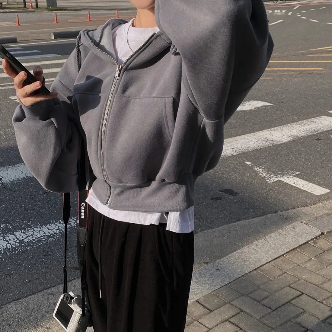 Y2K Casual Zip-Up Hoodie for Women – Oversized Crop Top, Solid Harajuku Long Sleeve Jacket