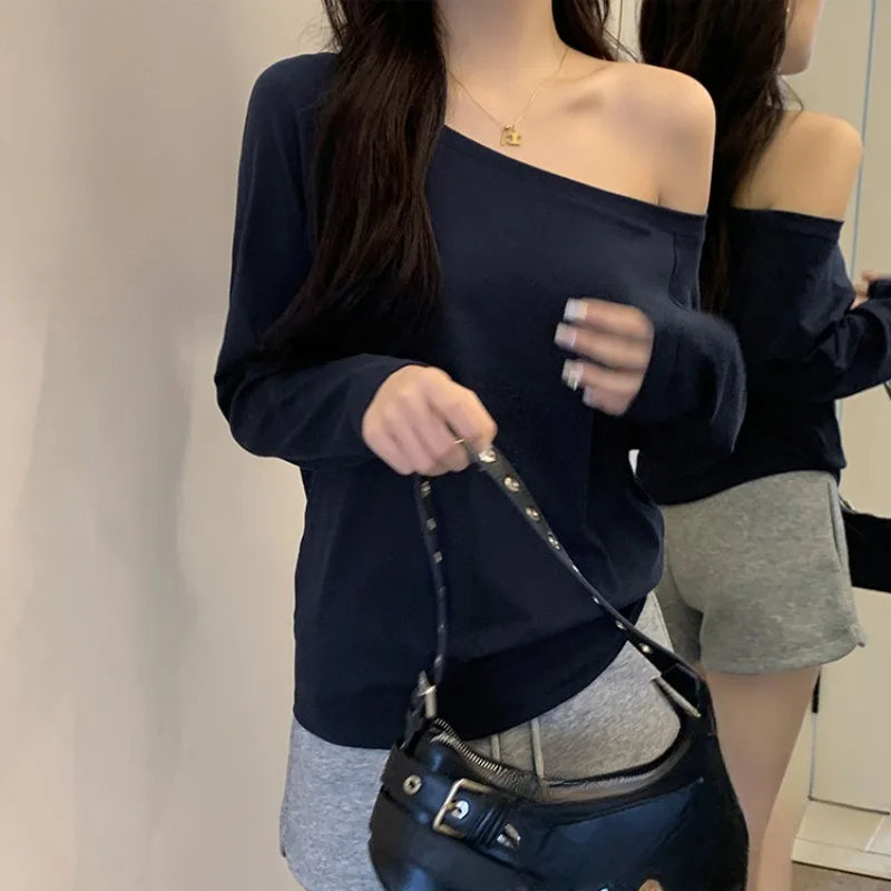 Korean Style Off-Shoulder Hoodie – Women’s Autumn Baggy Streetwear, Solid Cozy Sexy Top