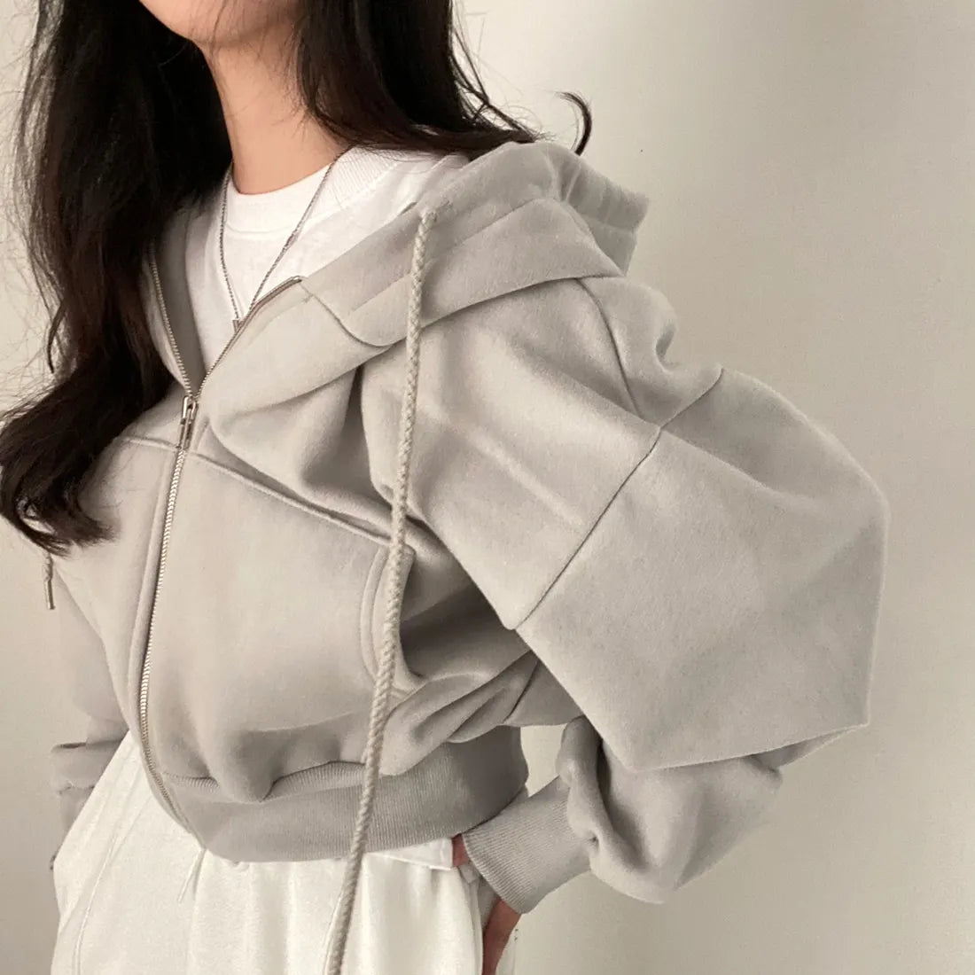 Y2K Casual Zip-Up Hoodie for Women – Oversized Crop Top, Solid Harajuku Long Sleeve Jacket