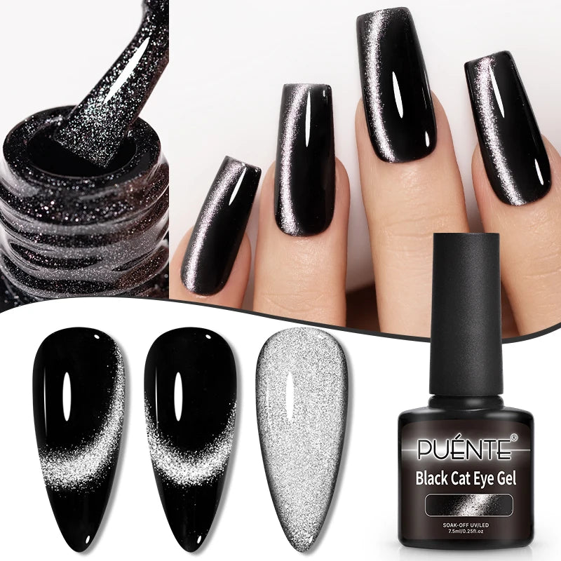 7.5ML Black Cat Eye Magnetic Glitter Gel Nail Polish Ultra-Bright Black Shine Long-Lasting Soak Off UV Nail Art Varnish Manicure