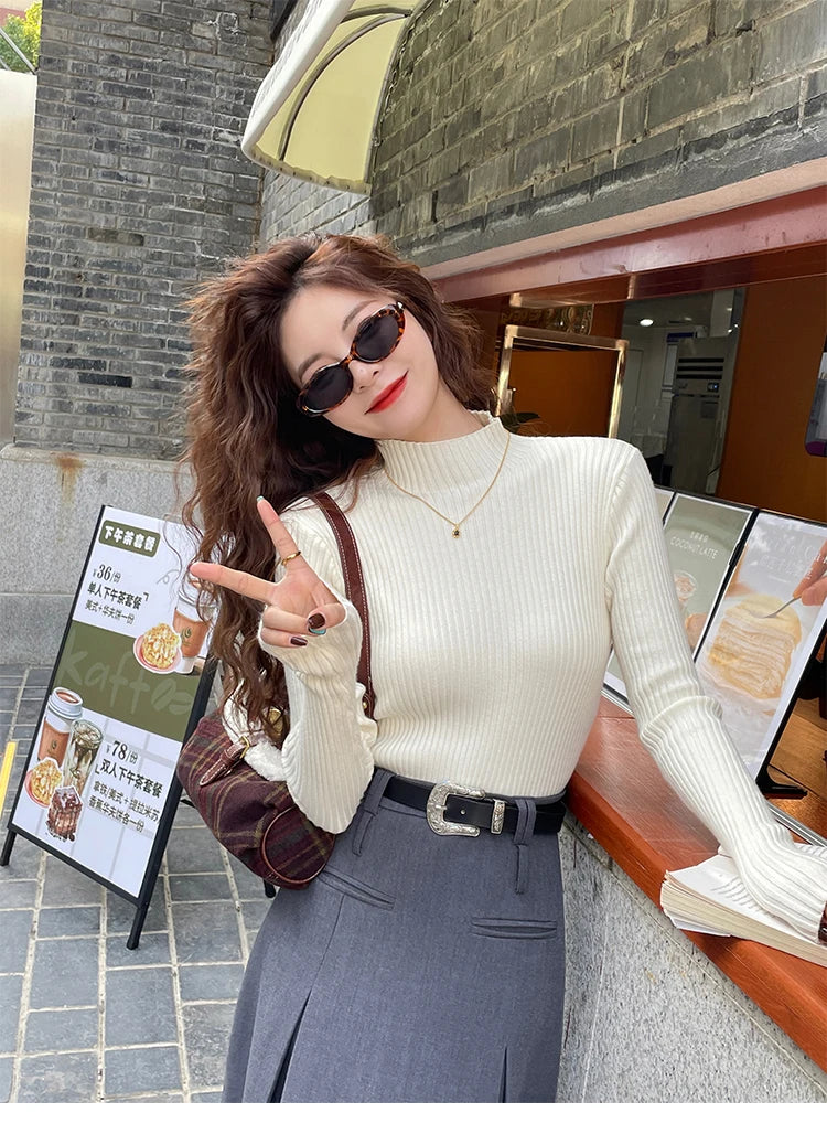 Women’s Korean Slim Turtleneck Sweater – Long Sleeve Casual Thick Knitted Pullover, Autumn/Winter Basic Top