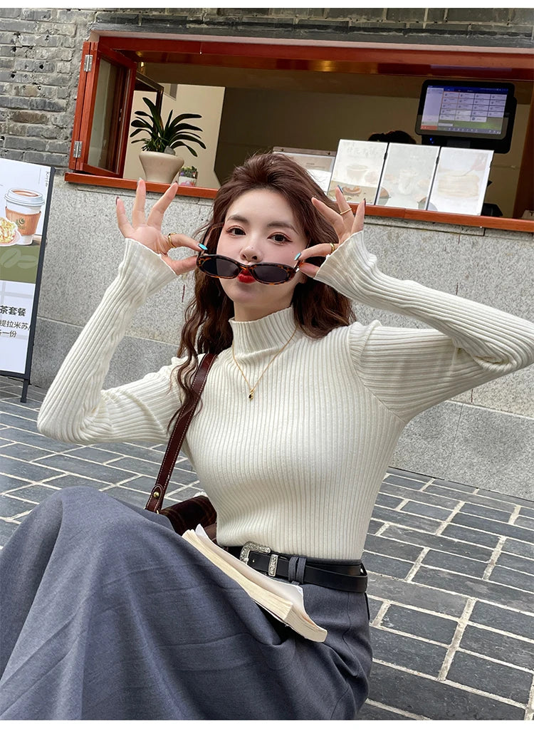 Women’s Korean Slim Turtleneck Sweater – Long Sleeve Casual Thick Knitted Pullover, Autumn/Winter Basic Top