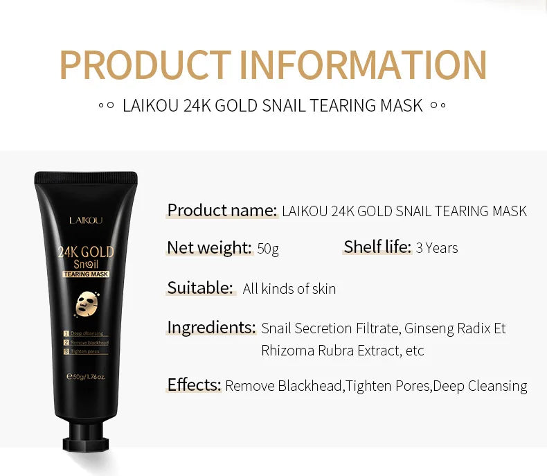 LAIKOU 50/80g 24K Gold Foil Snail Peel Mask Deep Cleansing Remove Blackheads Firming Skin Oil-Control Whitening Skin Care