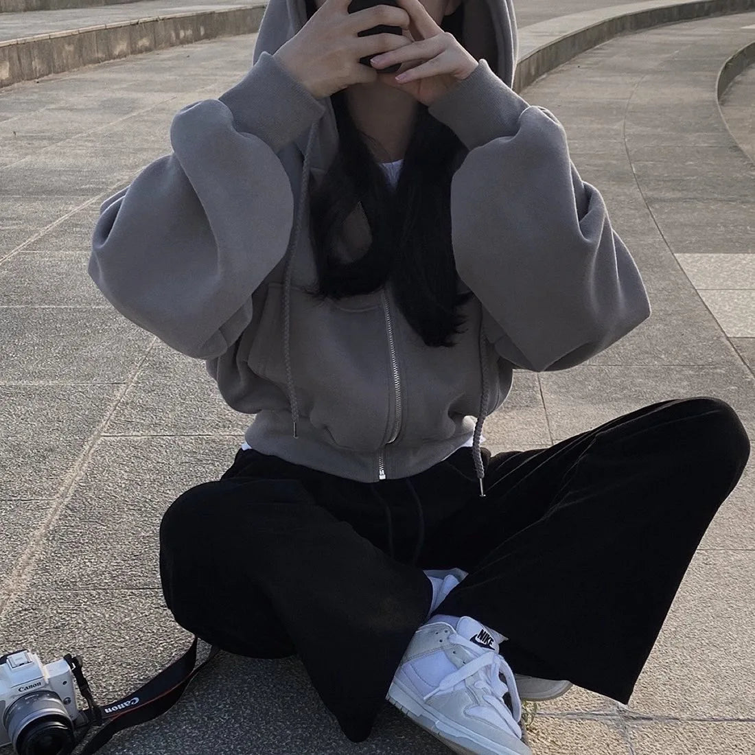 Y2K Casual Zip-Up Hoodie for Women – Oversized Crop Top, Solid Harajuku Long Sleeve Jacket