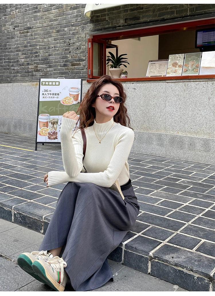 Women’s Korean Slim Turtleneck Sweater – Long Sleeve Casual Thick Knitted Pullover, Autumn/Winter Basic Top