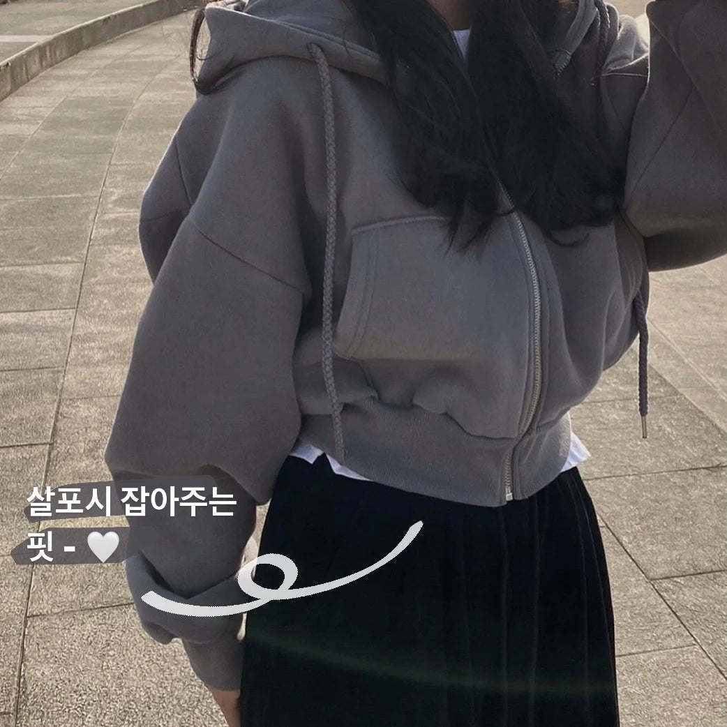 Y2K Casual Zip-Up Hoodie for Women – Oversized Crop Top, Solid Harajuku Long Sleeve Jacket