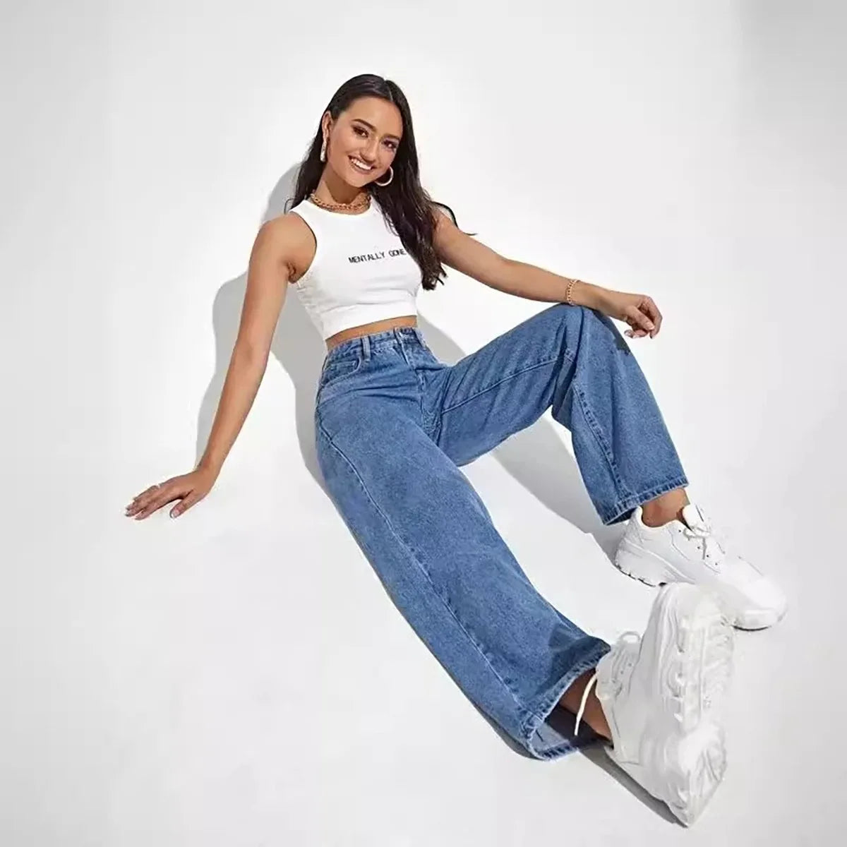 Y2K Retro High-Waisted Blue Jeans – Women’s Baggy Straight Slim Pants, High Street Fashion