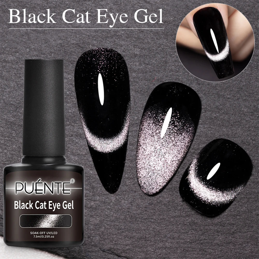 7.5ML Black Cat Eye Magnetic Glitter Gel Nail Polish Ultra-Bright Black Shine Long-Lasting Soak Off UV Nail Art Varnish Manicure