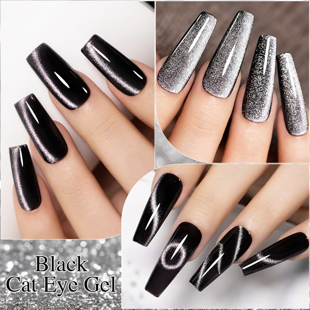 7.5ML Black Cat Eye Magnetic Glitter Gel Nail Polish Ultra-Bright Black Shine Long-Lasting Soak Off UV Nail Art Varnish Manicure